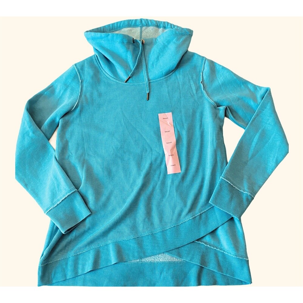 NWT Calvin Klein Teal Turquoise Funnel Neck tulip hem Sweatshirt Size Small S